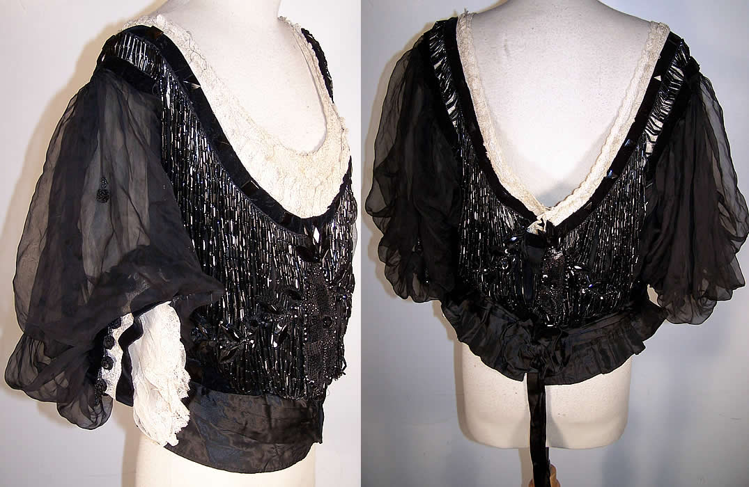 Victorian Black Jet Beaded Strand Fringe Ball Gown Bodice  Back View.