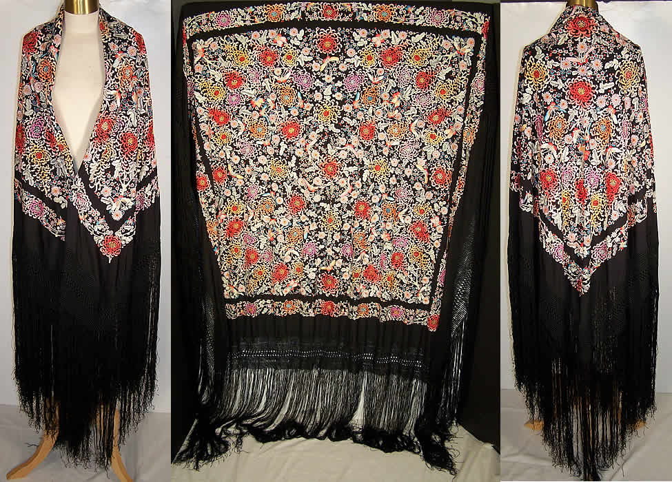 Antique Embroidered Floral Butterfly Canton Piano Shawl Front view.