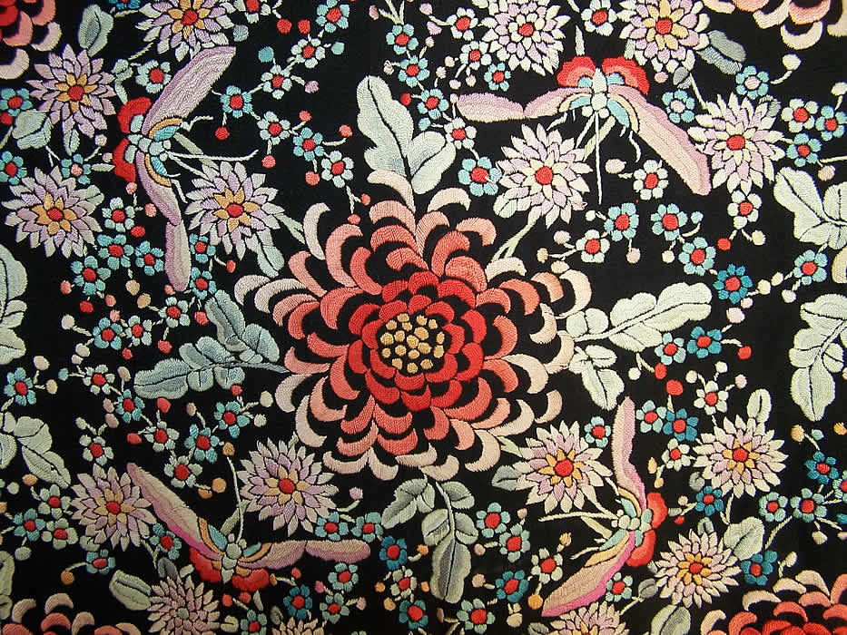 Antique Embroidered Floral Butterfly Canton Piano Shawl close-up