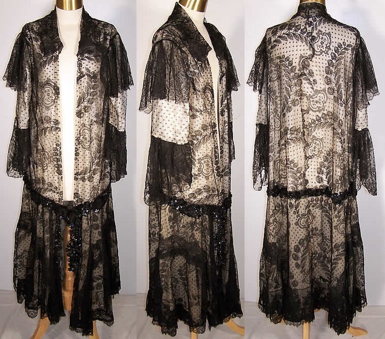 Edwardian Black Chantilly Lace Robe Dressing Gown  Front view.