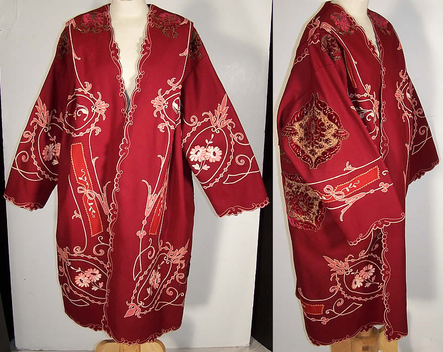 The Gallery of Wearable Art Burgundy Wool Embroidered Coat  Front view.