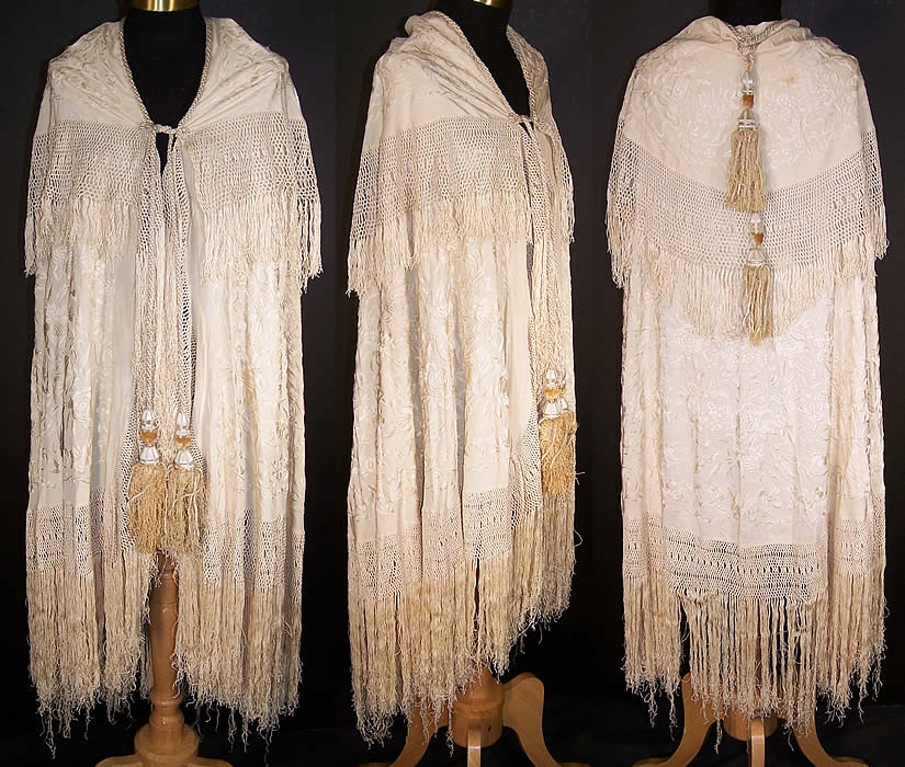 Antique White Silk Embroidered Tassel Wedding Shawl Cloak Cape   Front view.