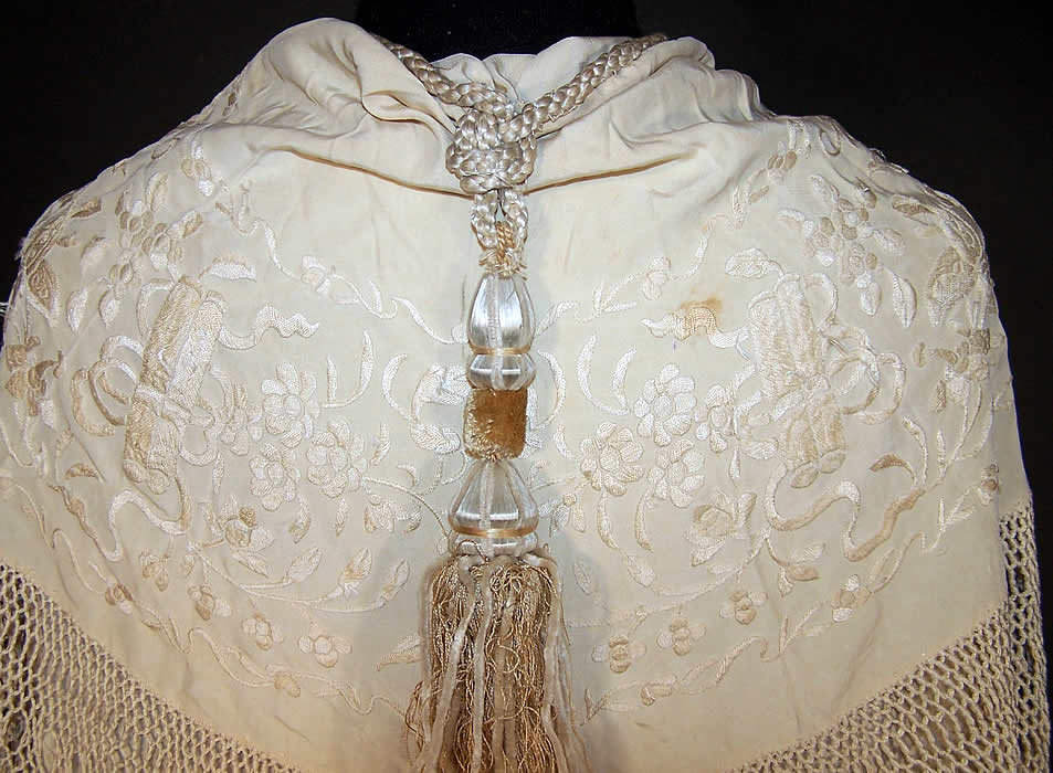 Antique White Silk Embroidered Tassel Wedding Shawl Cloak Cape  Back View.