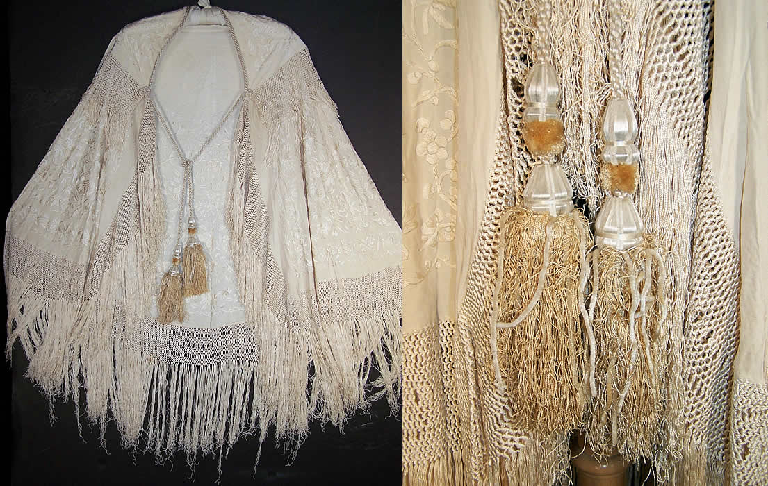 Antique White Silk Embroidered Tassel Wedding Shawl Cloak Cape front view.