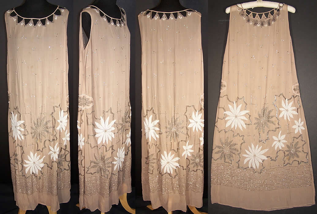 Ecru Silk Rhinestone Beaded Drop Waist Flapper Dress   Front view.