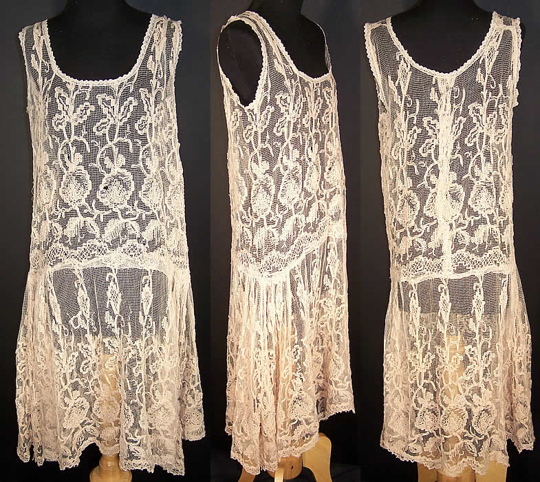 Pink Embroidered Net Lace Drop Waist Dress  Front view.