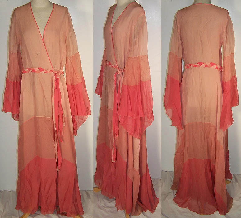Art Deco Pink Silk Chiffon Boudoir Dressing Gown Robe  Front view.
