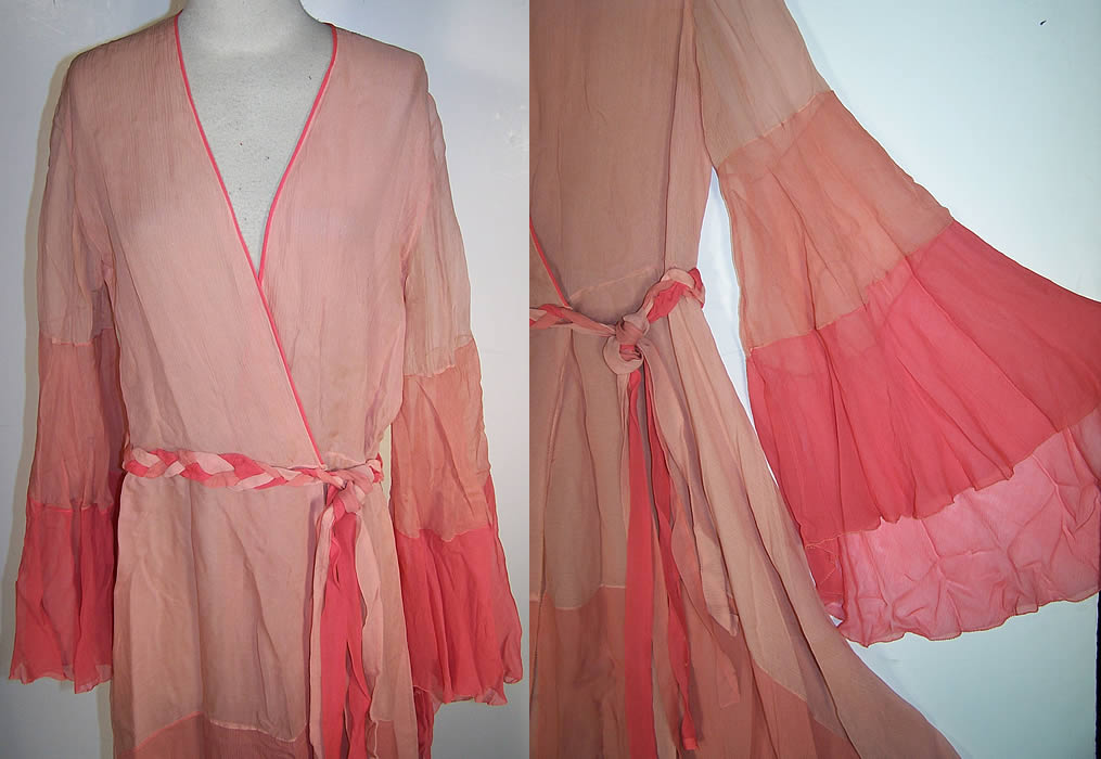 Art Deco Pink Silk Chiffon Boudoir Dressing Gown Robe front View.
