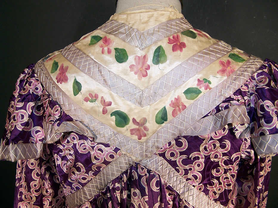  Victorian Purple Silk Print Violet Morning Robe Dress Gown back view.