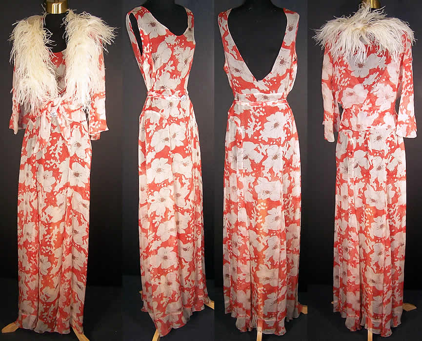 Orange Poppy Chiffon Bias Cut Dress Feather Jacket  Front view.