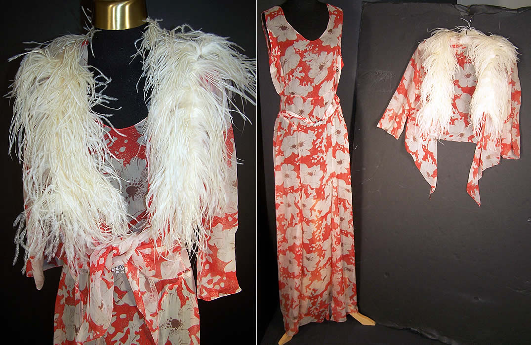Orange Poppy Chiffon Bias Cut Dress Feather Jacket Front View.