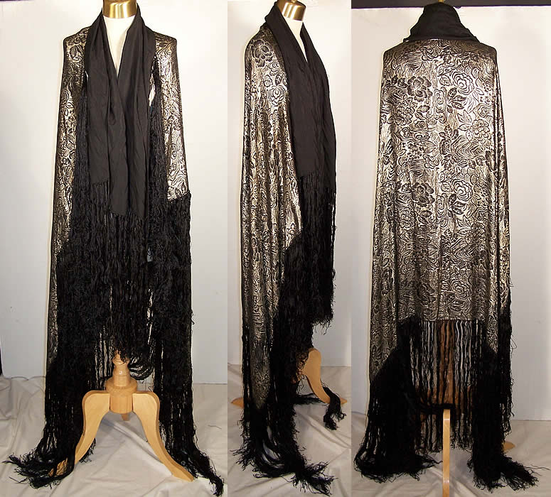 Art Deco Black Silk Silver Lam&eacute; Shawl Cloak Cape   Front view.