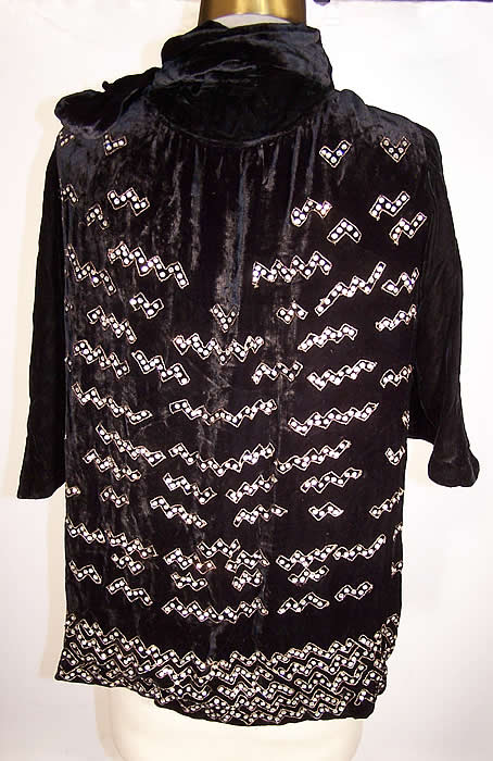 Art Deco Black Silk Velvet Rhinestone Beaded Jacket back view.