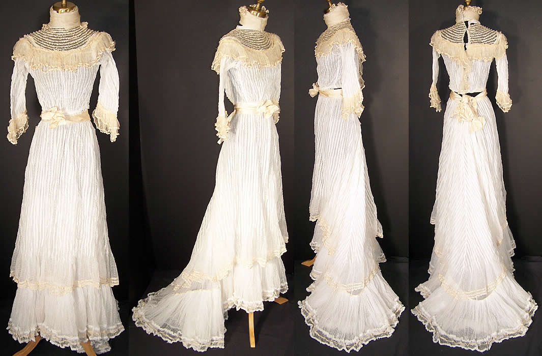 Edwardian White Swiss Dot Net Ruffle Wedding Dress Blouse Skirt   Front view.