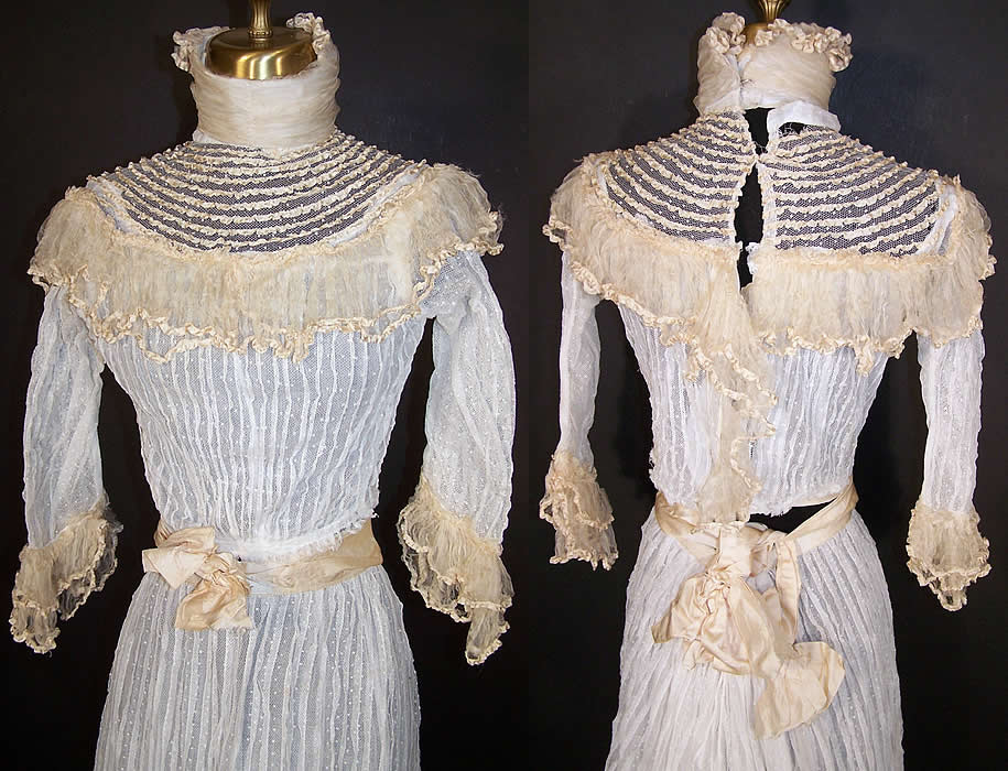 Edwardian White Swiss Dot Net Ruffle Wedding Dress Blouse Skirt  Back View.