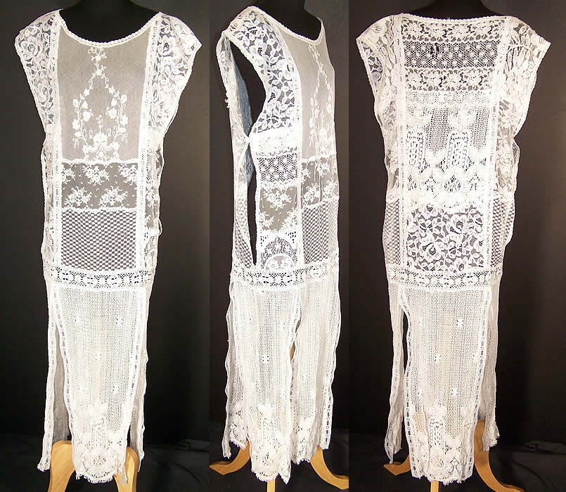 White Patchwork Lace Tambour Embroidery Net Drop Waist Dress   Front view.