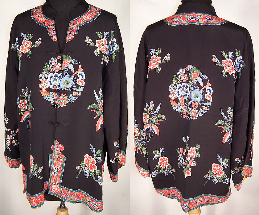 Chinese Floral Butterfly Silk Screen Robe Coat   Front view.