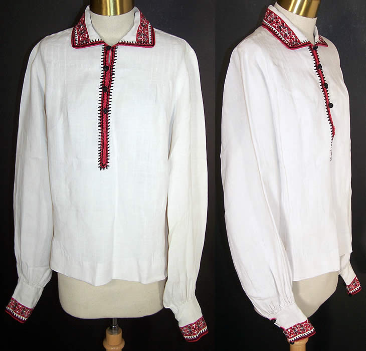 Vintage Bulgarian Folk Costume Embroidered Linen Blouse  Front view.