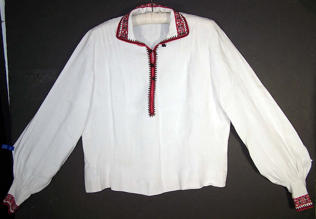 Vintage Bulgarian Folk Costume Embroidered Linen Blouse front view.