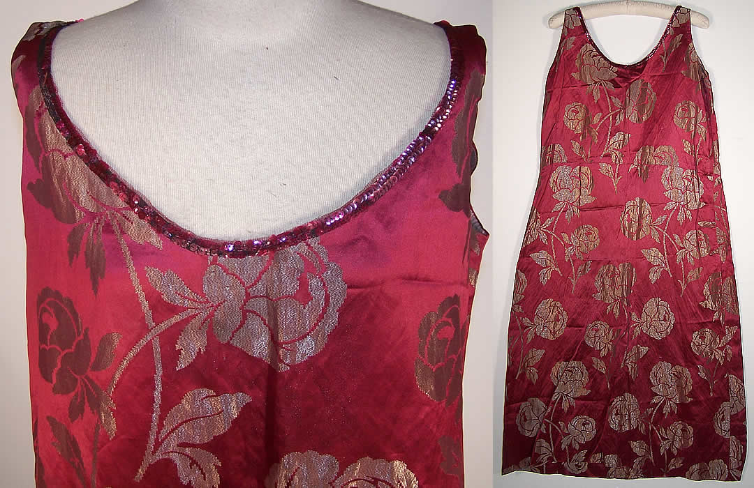 Burgundy Red Silk Silver Lam&eacute; Floral Flapper Dress front View.