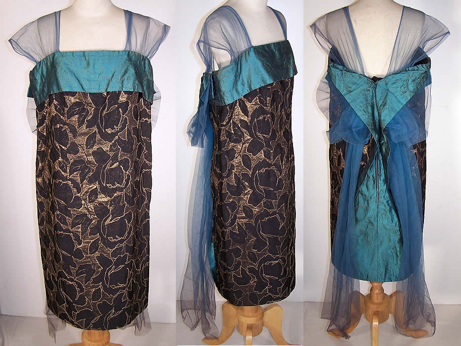 Black Silk Gold Lam&eacute; Blue Tulle Floral Flapper Dress   Front view.