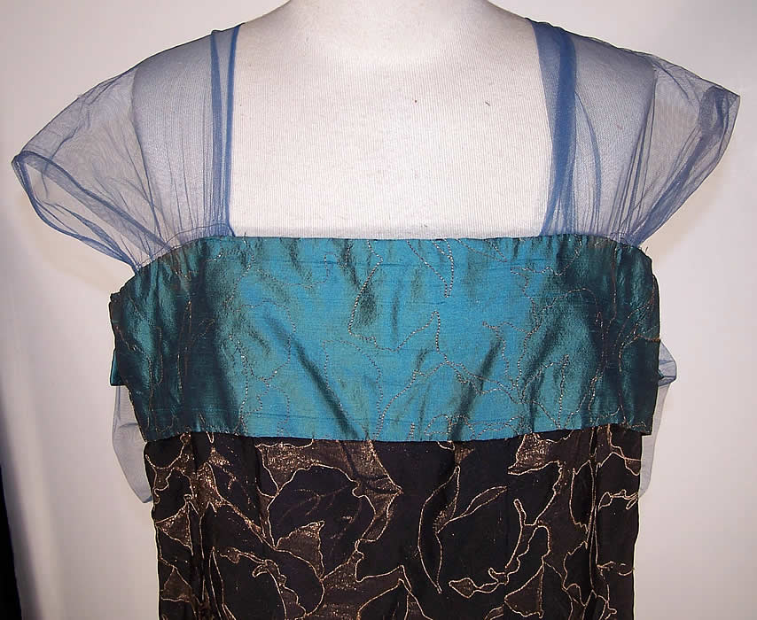 Black Silk Gold Lam&eacute; Blue Tulle Floral Flapper Dress Front View.
