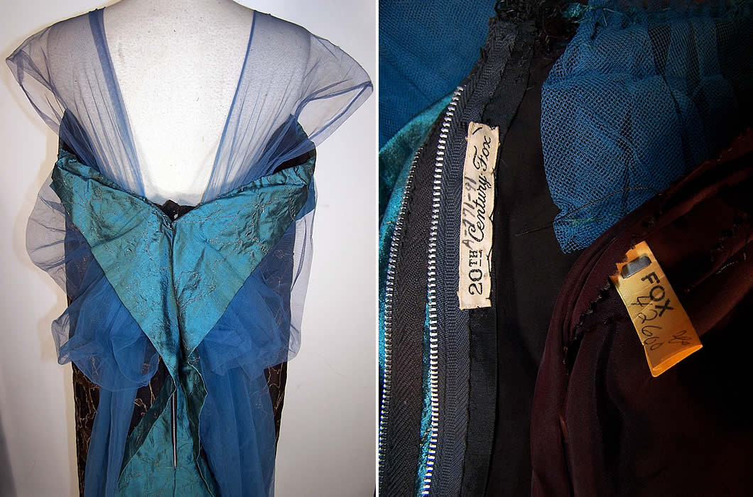 Black Silk Gold Lam&eacute; Blue Tulle Floral Flapper Dress Back & Inside view.