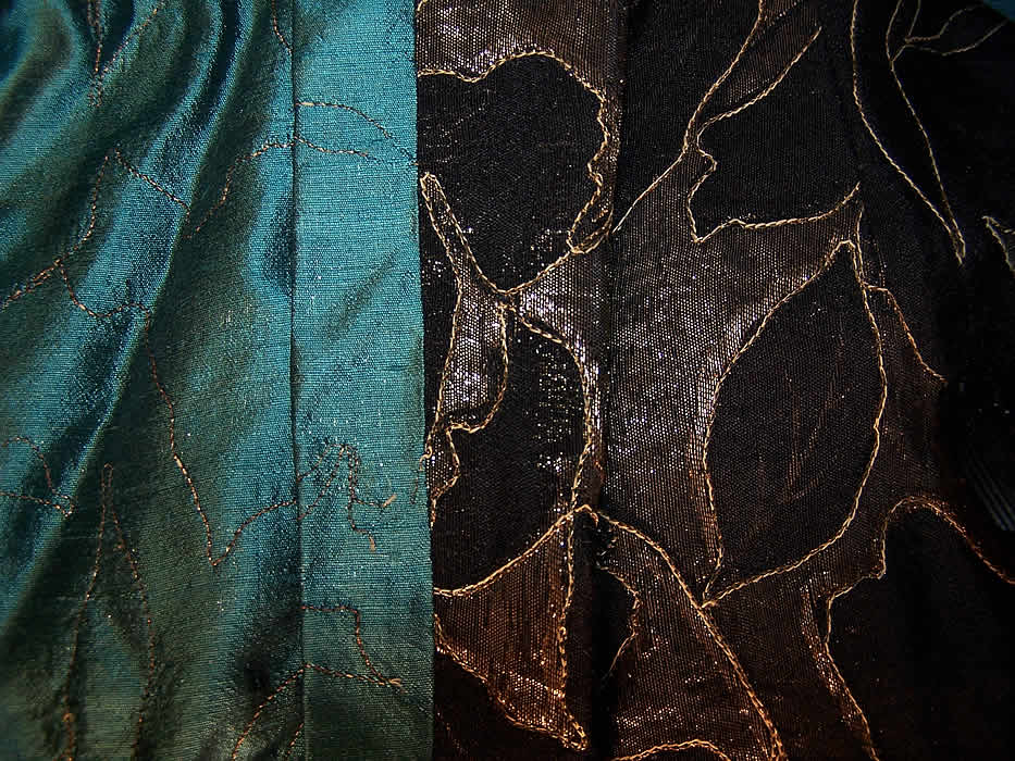 Black Silk Gold Lam&eacute; Blue Tulle Floral Flapper Dress  Close up.