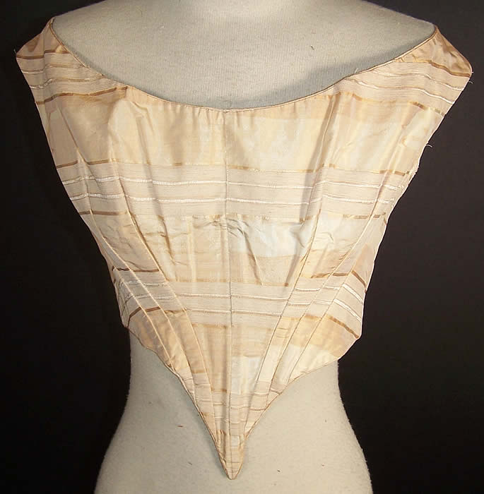 Victorian Beige Silk Stripe Corset Ball Gown Bodice  Front view.