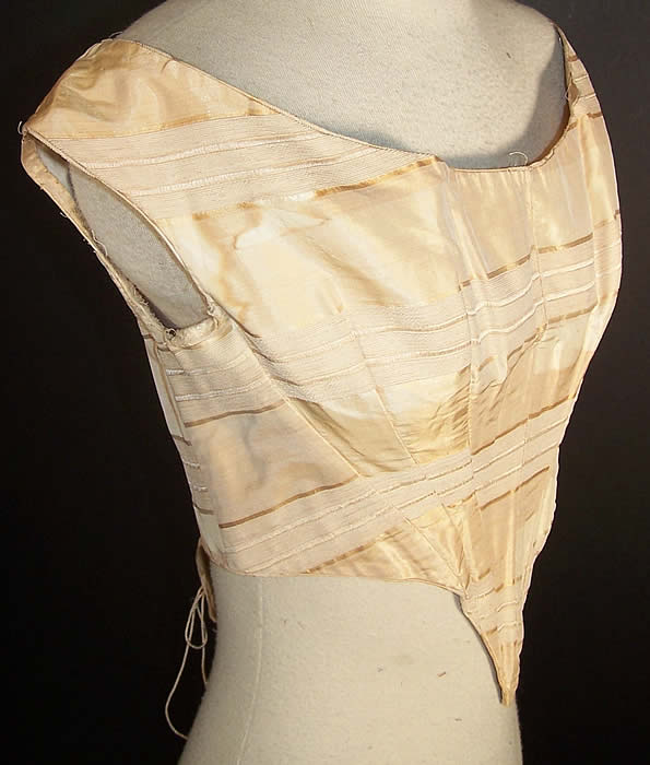 Victorian Beige Silk Stripe Corset Ball Gown Bodice Side View.