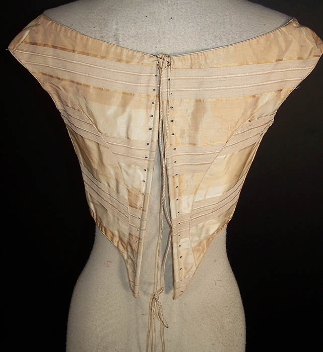 Victorian Beige Silk Stripe Corset Ball Gown Bodice back view.