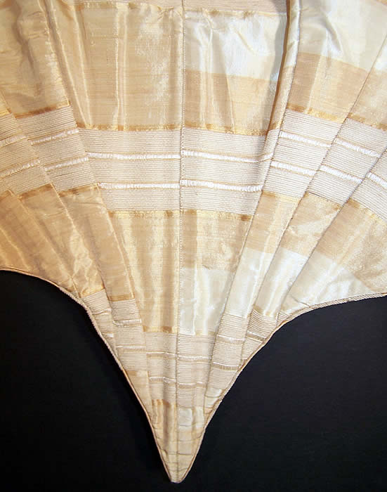 Victorian Beige Silk Stripe Corset Ball Gown Bodice Close up.