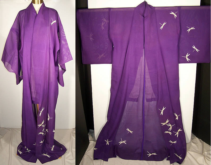   Japanese Geisha Sheer Silk Screen Dragonfly Plum KimonoFront view.