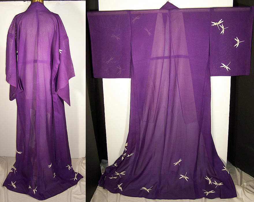 Japanese Geisha Sheer Silk Screen Dragonfly Plum Kimono Back View.