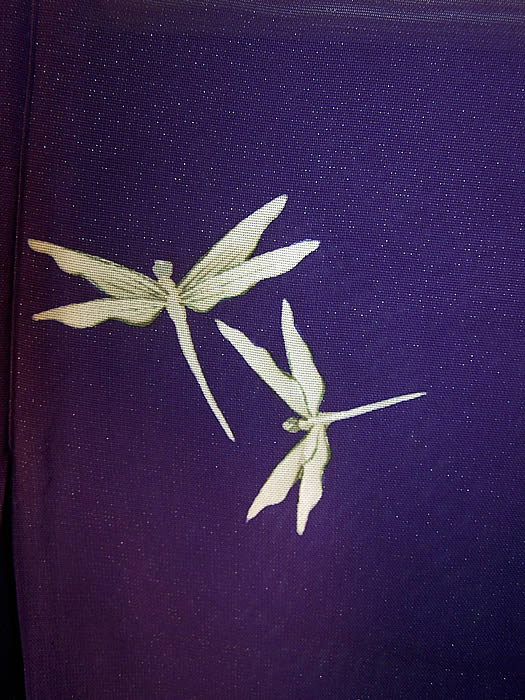 Japanese Geisha Sheer Silk Screen Dragonfly Plum Kimono close-up view.