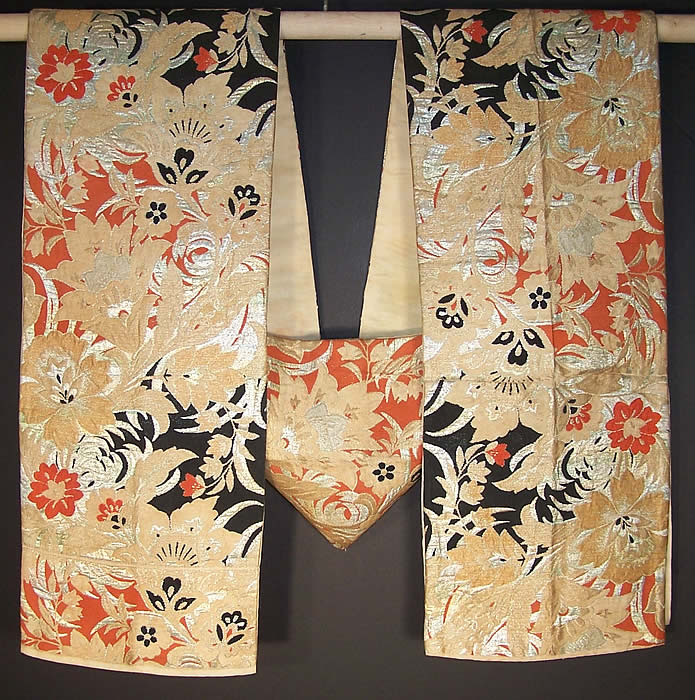 Japanese Geisha Orange Black Gold Brocade Kimono Obi Sash Front view.