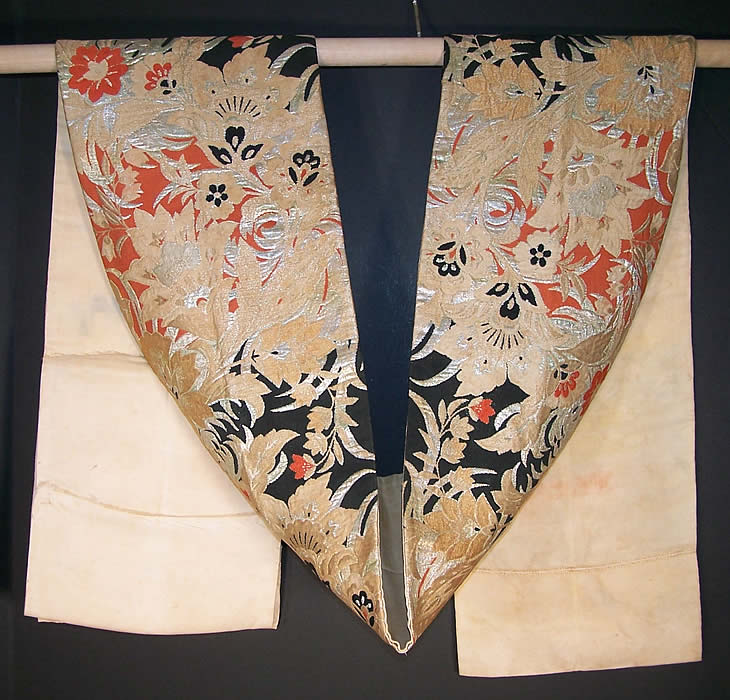 Japanese Geisha Orange Black Gold Brocade Kimono Obi Sash Back View.