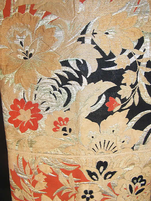 Japanese Geisha Orange Black Gold Brocade Kimono Obi Sash close-up view.