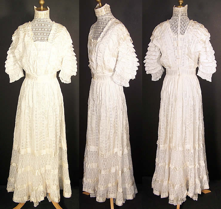 Edwardian White Lace Silk Ribbon Ruffle Wedding Dress  Front view.