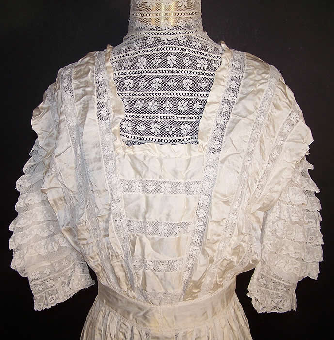 Edwardian White Lace Silk Ribbon Ruffle Wedding Dress Front View.