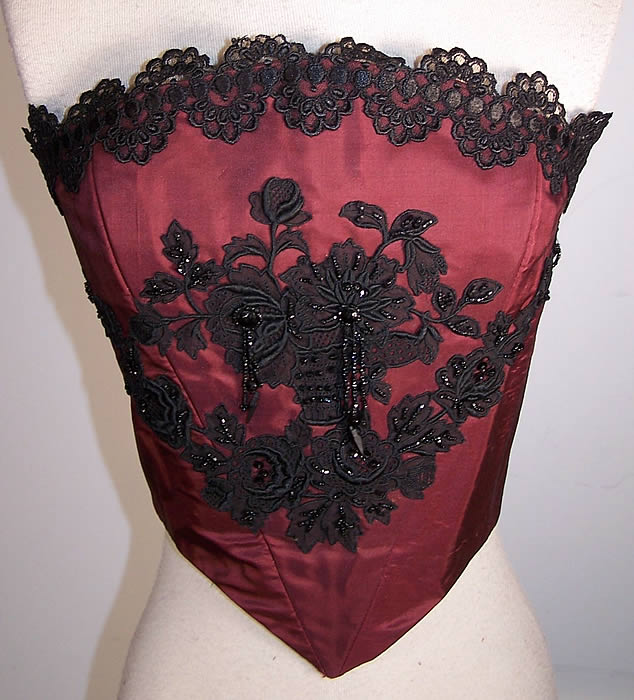 Red Silk Black Beaded Lace Corset Camisole Bustier Top  Front view.