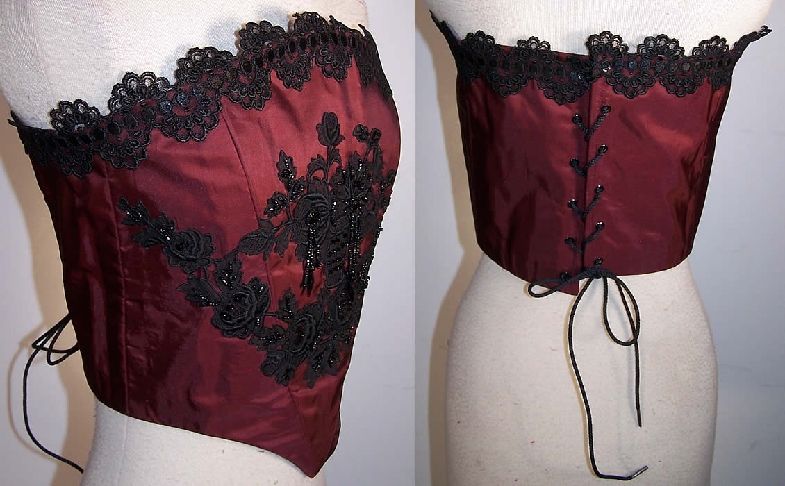 Red Silk Black Beaded Lace Corset Camisole Bustier Top Side Back View.