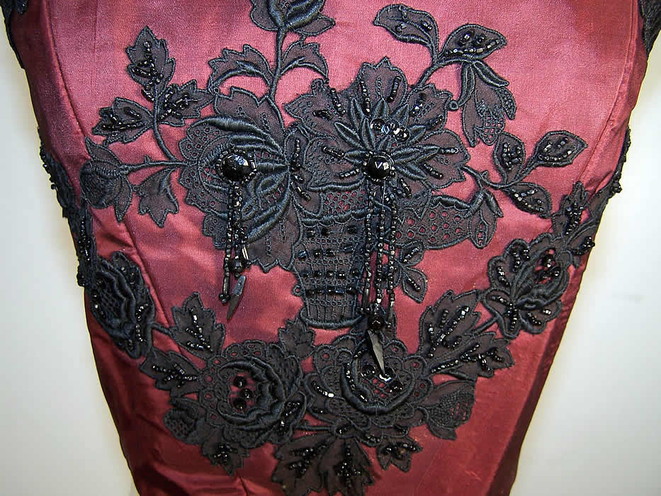 Red Silk Black Beaded Lace Corset Camisole Bustier Top close-up view.