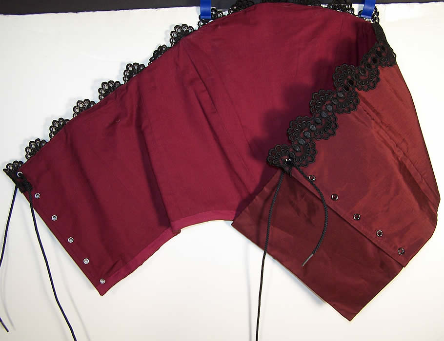 Red Silk Black Beaded Lace Corset Camisole Bustier Top inside Close up.
