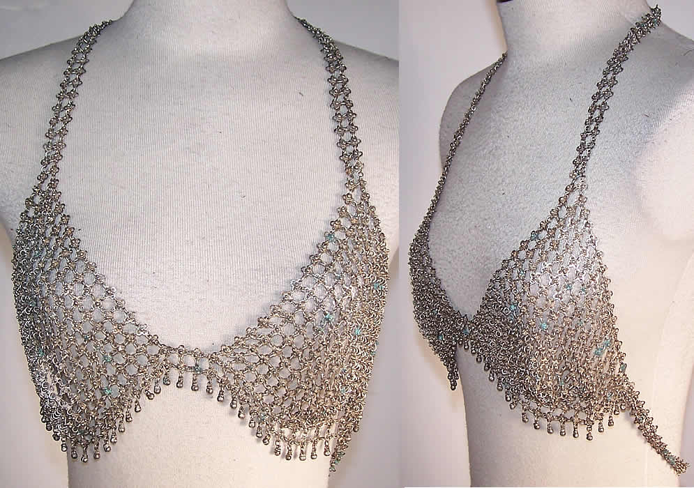 Vintage Silver Metal Mesh Chain Mail Belly Dance Bra Top  Front view.