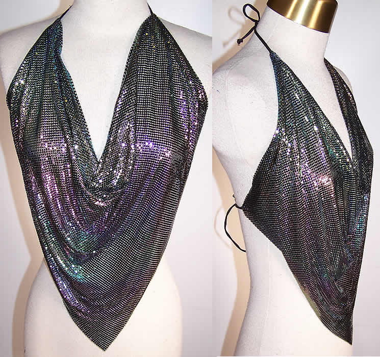 Vintage Pewter Silver Metal Mesh Chain Mail Halter Top  Front view.
