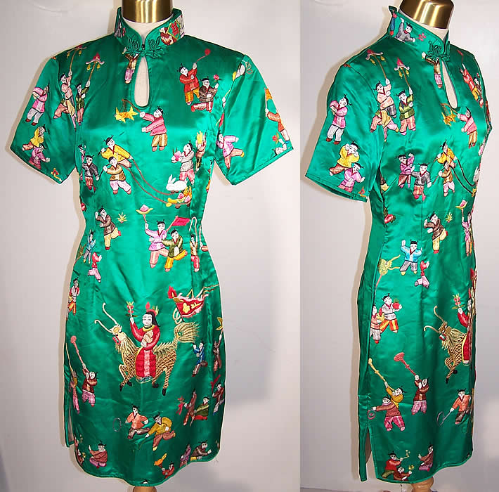 Chinese Cheongsam Silk Embroidered New Year Dress  Front view.