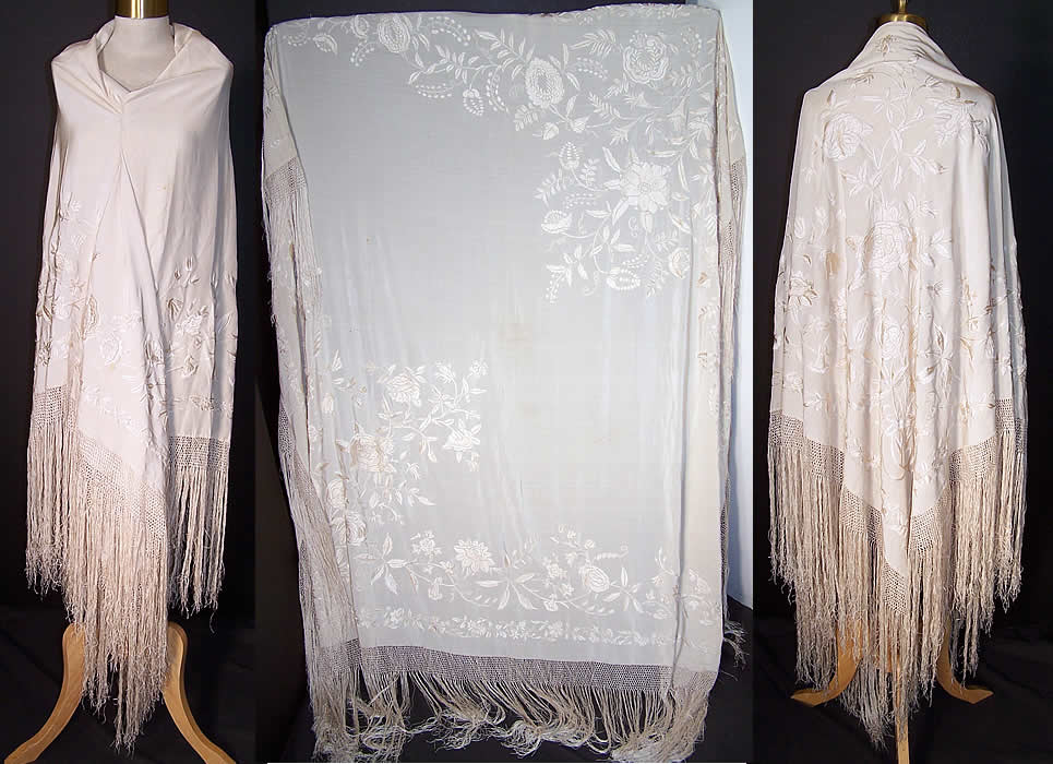 Antique White Silk Embroidered Wedding Piano Shawl   Front view.