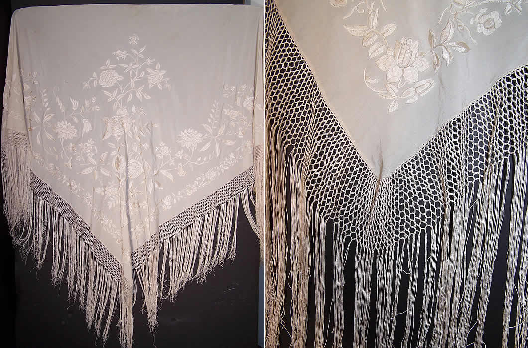Antique White Silk Embroidered Wedding Piano Shawl front View.