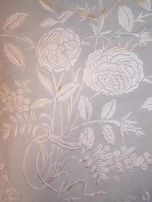 Antique White Silk Embroidered Wedding Piano Shawl  Close up.